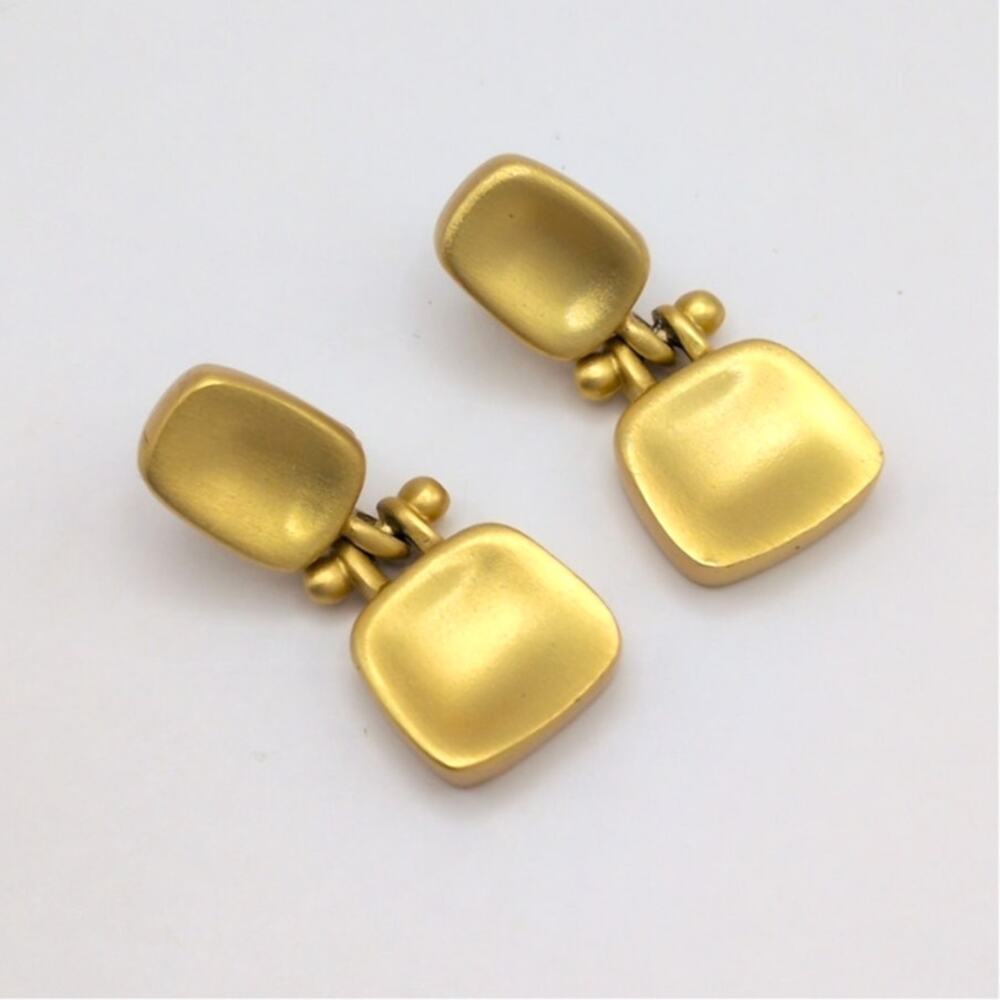 Vintage Anne Klein Signed Matte Brushed Gold Tone Small Drop Pierced Earrings